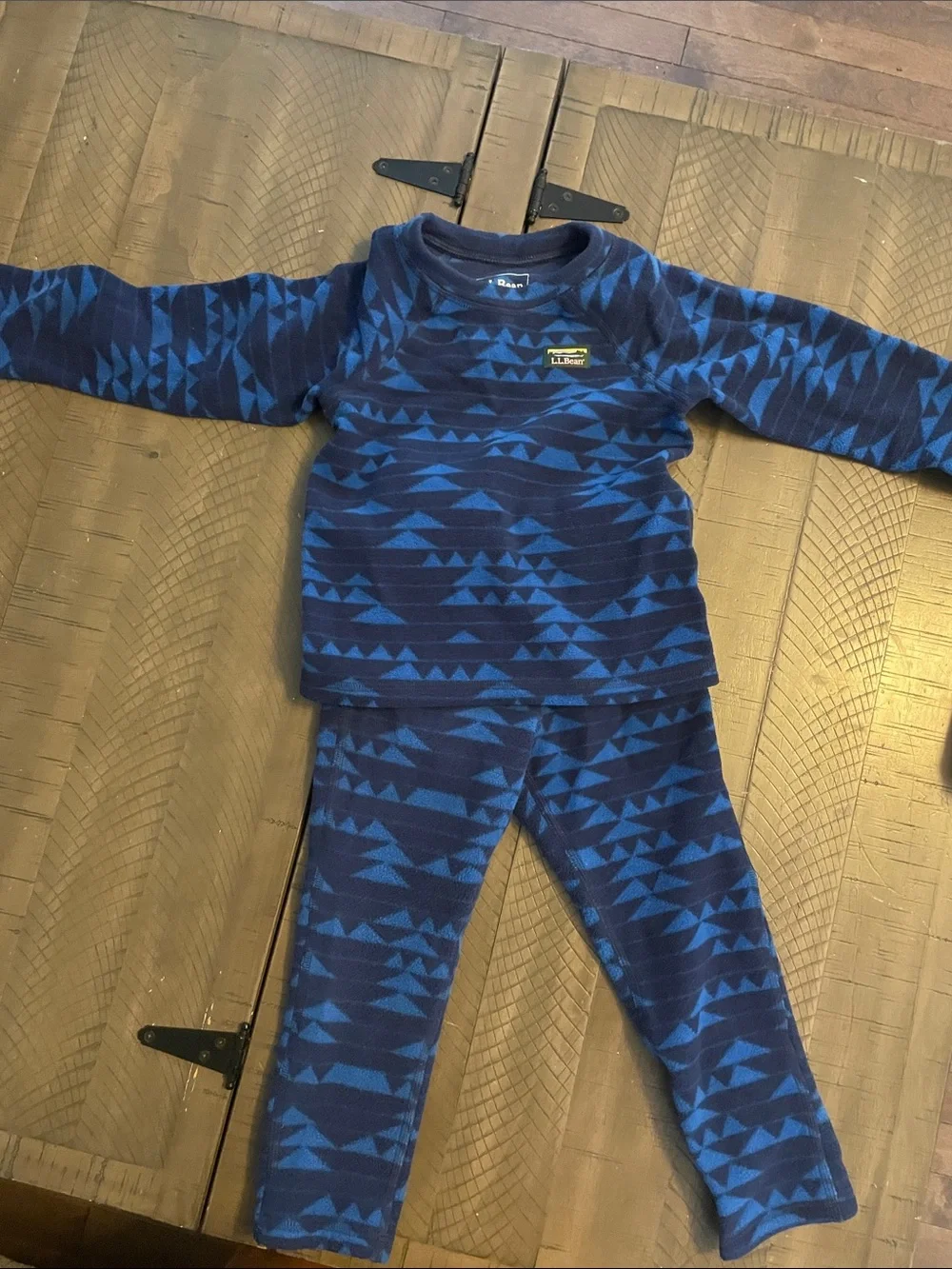 L.L. Bean Blue and Navy Geometric Fleece Top